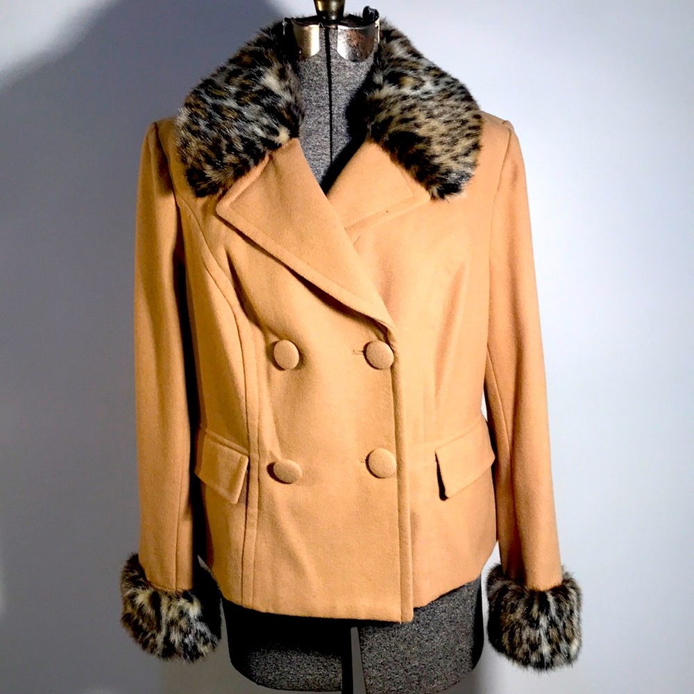 International Concepts Jacket With Faux Cheetah Fur Collar & Cuffs